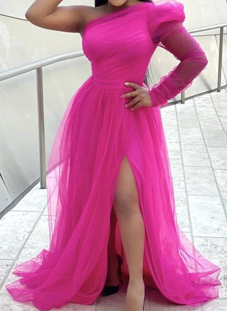 BH650 PLUS SIZE SINGLE SLEEVE ELEGANT PARTY WEDDING GUESTS BRIDESMAID TULLE MAXI DRESS