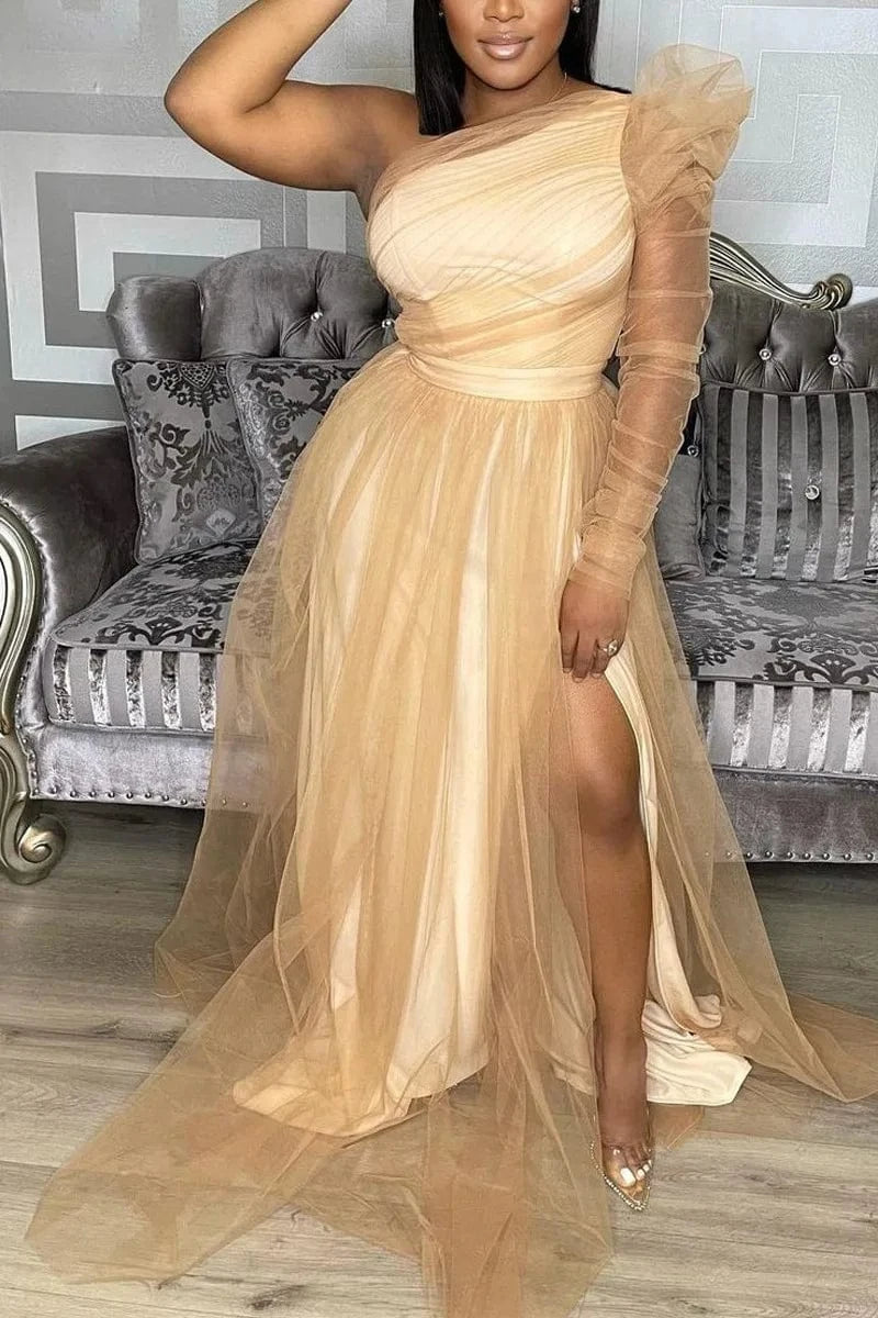 BH650 PLUS SIZE SINGLE SLEEVE ELEGANT PARTY WEDDING GUESTS BRIDESMAID TULLE MAXI DRESS