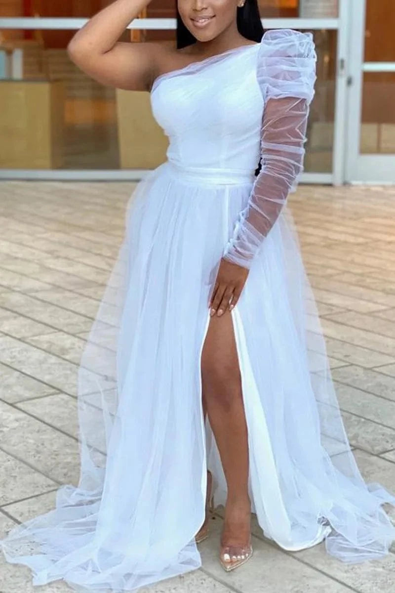BH650 PLUS SIZE SINGLE SLEEVE ELEGANT PARTY WEDDING GUESTS BRIDESMAID TULLE MAXI DRESS