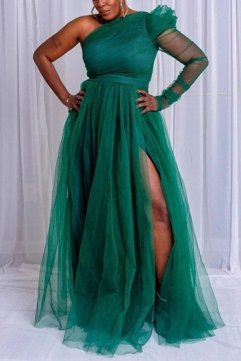 BH650 PLUS SIZE SINGLE SLEEVE ELEGANT PARTY WEDDING GUESTS BRIDESMAID TULLE MAXI DRESS