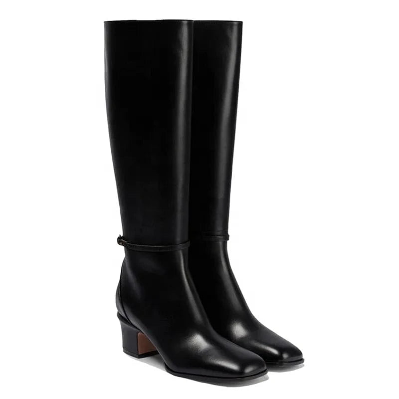 Big Size 46 Solid Wide Fit Women's Knee High Boots Ladies Low Chunky Heels Shoes Real Leather Side Zipper Long Booties