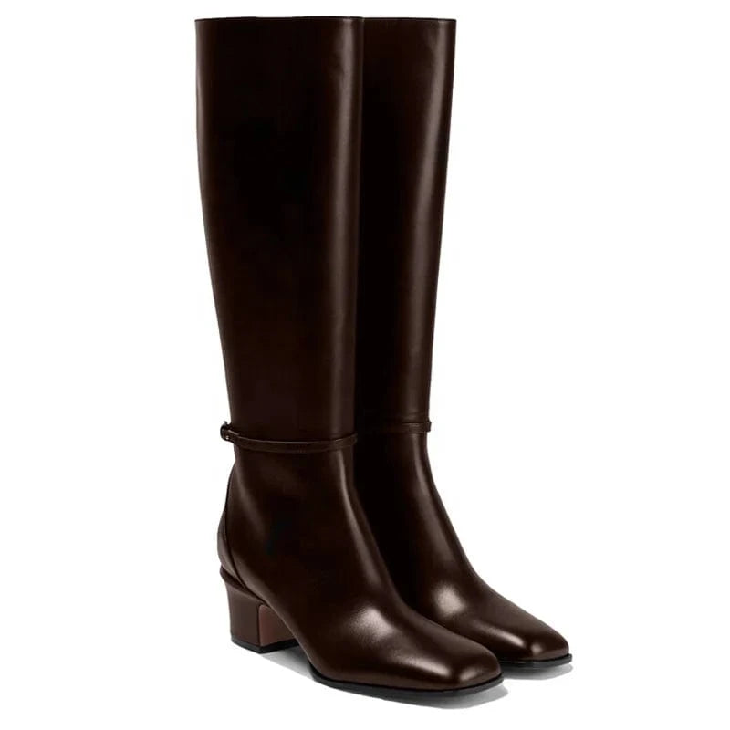Big Size 46 Solid Wide Fit Women's Knee High Boots Ladies Low Chunky Heels Shoes Real Leather Side Zipper Long Booties
