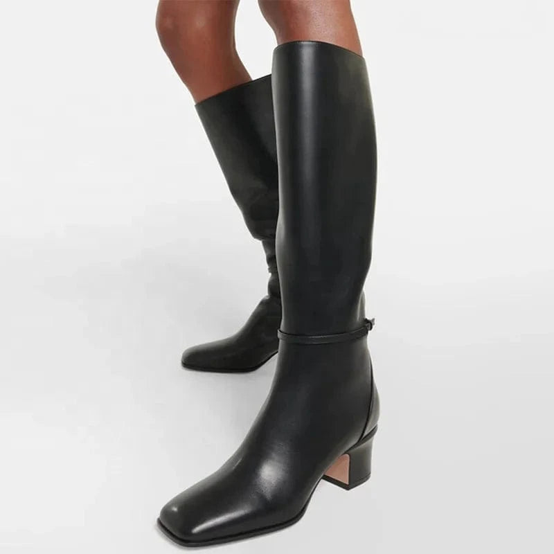 Big Size 46 Solid Wide Fit Women's Knee High Boots Ladies Low Chunky Heels Shoes Real Leather Side Zipper Long Booties