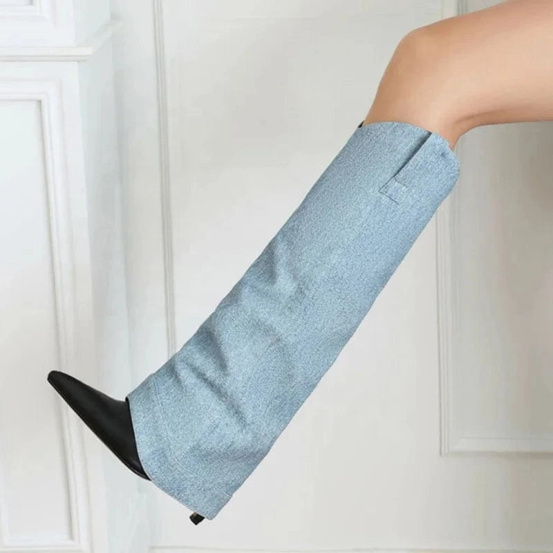 Big Size 46 Women Denim Overlay Knee High Boots High Thin Heels Pants Shoes New Design Boot Stiletto Pointed toe Long Booties
