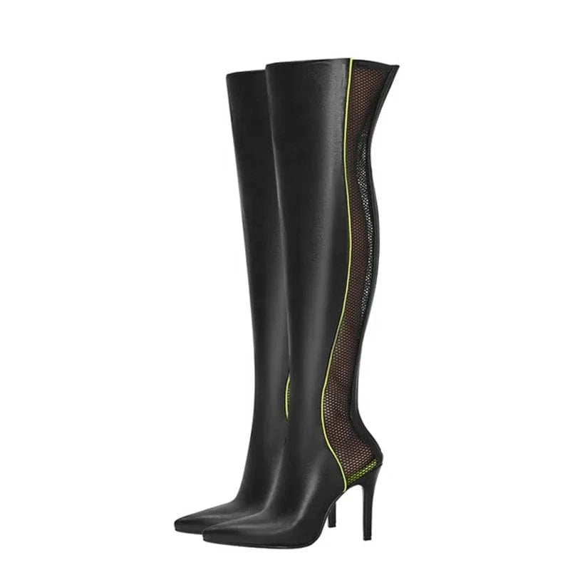 Big Size 46 Women fishnet Summer Over Knee Boots Ladies Leather Mesh Patchwork Pointed toe Long Thigh High Stiletto Booties