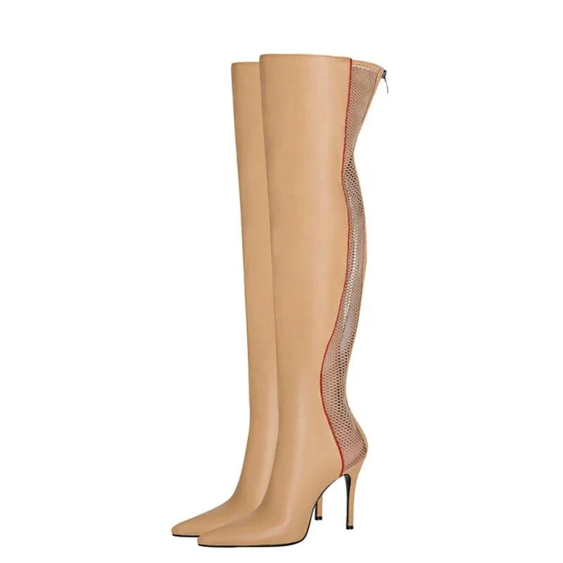 Big Size 46 Women fishnet Summer Over Knee Boots Ladies Leather Mesh Patchwork Pointed toe Long Thigh High Stiletto Booties