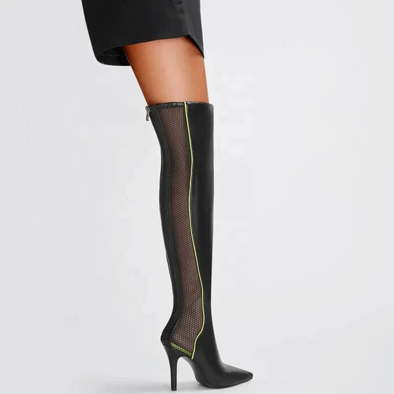Big Size 46 Women fishnet Summer Over Knee Boots Ladies Leather Mesh Patchwork Pointed toe Long Thigh High Stiletto Booties