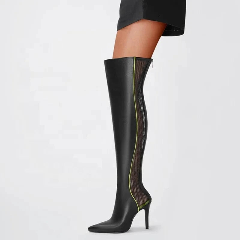 Big Size 46 Women fishnet Summer Over Knee Boots Ladies Leather Mesh Patchwork Pointed toe Long Thigh High Stiletto Booties
