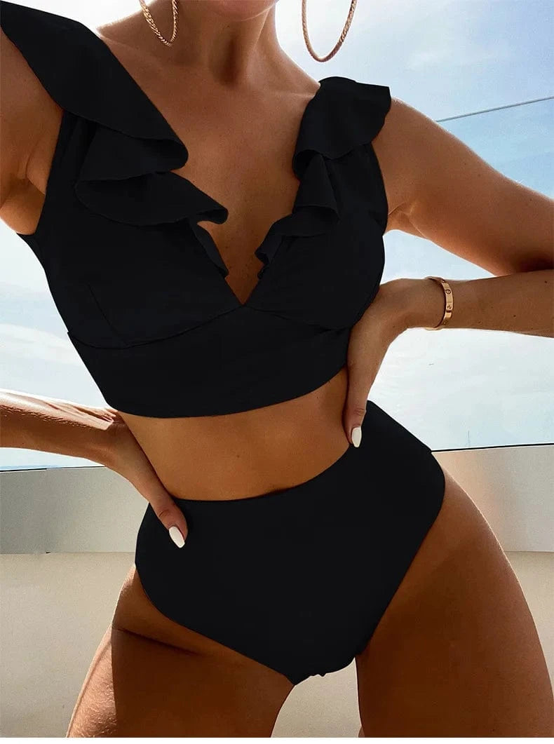Bikini 2024 Wholesale New Sexy Multi-color Lace V-neck Ruffled High Waist Split Swimsuit Bikini Set Women
