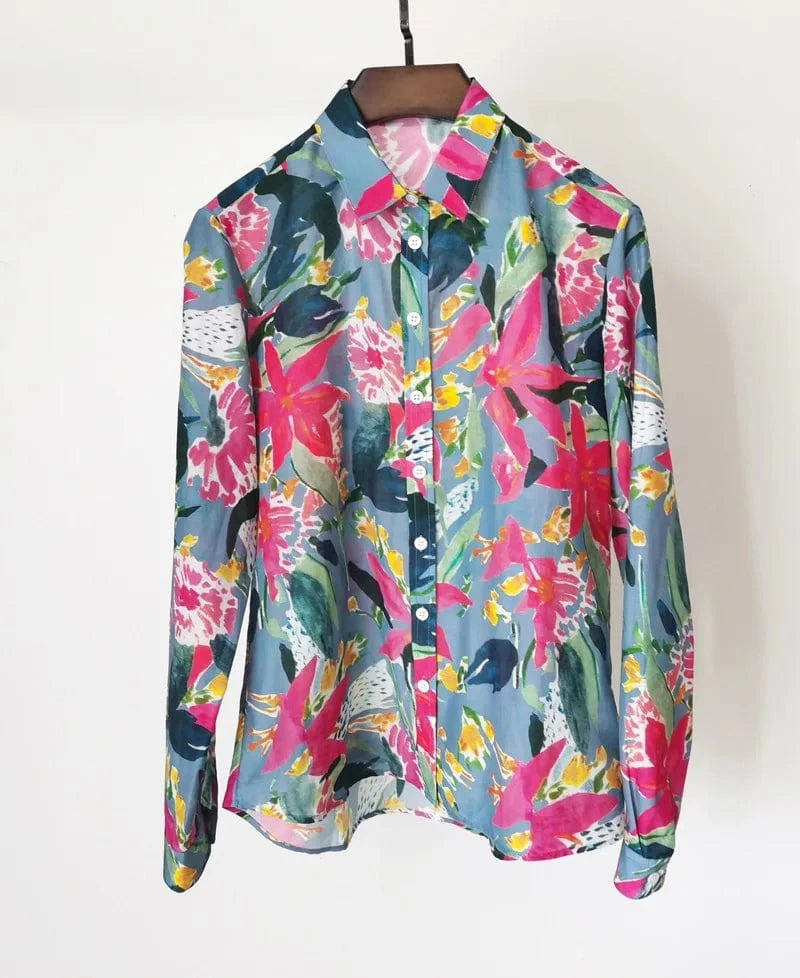 Birdtree Woman Floral Shirts 30%Silk 70%Cotton Long Sleeves Tops French Style Printed Blouses 2024 Spring Autumn T36569QMY