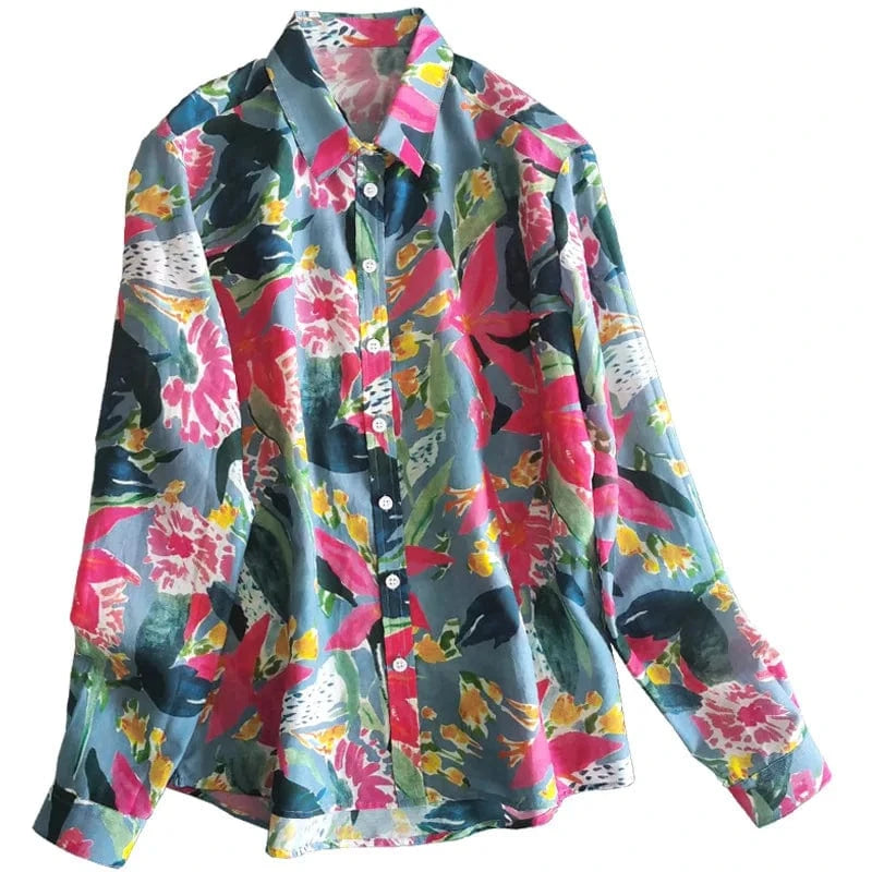 Birdtree Woman Floral Shirts 30%Silk 70%Cotton Long Sleeves Tops French Style Printed Blouses 2024 Spring Autumn T36569QMY