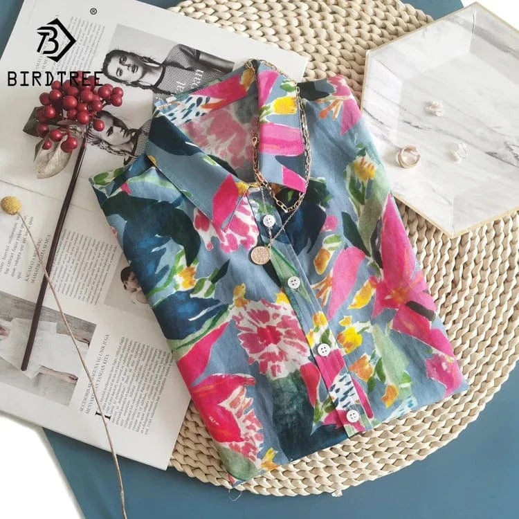 Birdtree Woman Floral Shirts 30%Silk 70%Cotton Long Sleeves Tops French Style Printed Blouses 2024 Spring Autumn T36569QMY