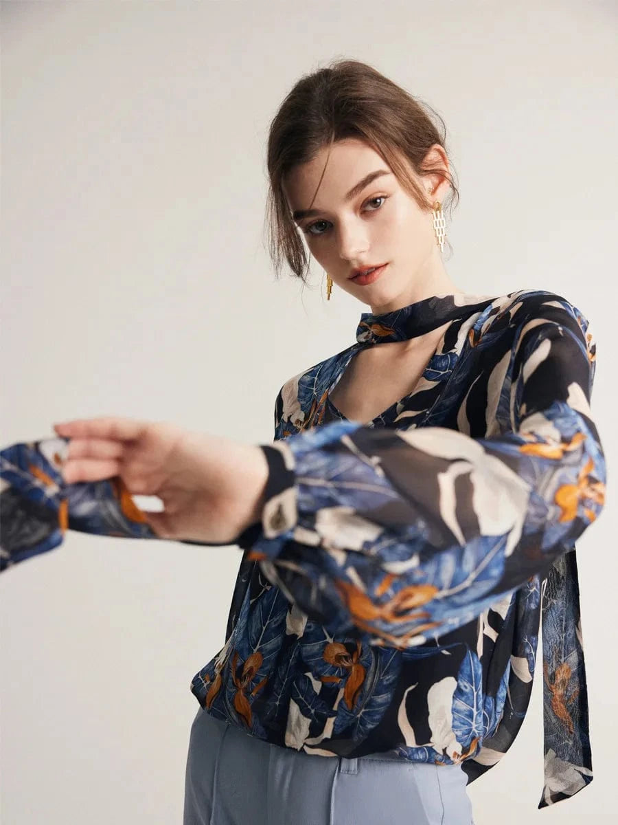 Birdtree Women Printed Blouses 40%Silk 60%Viscose Bow Tie Long Sleeves Transparent Shirts 2024 Spring Autumn Tops T36773QCY