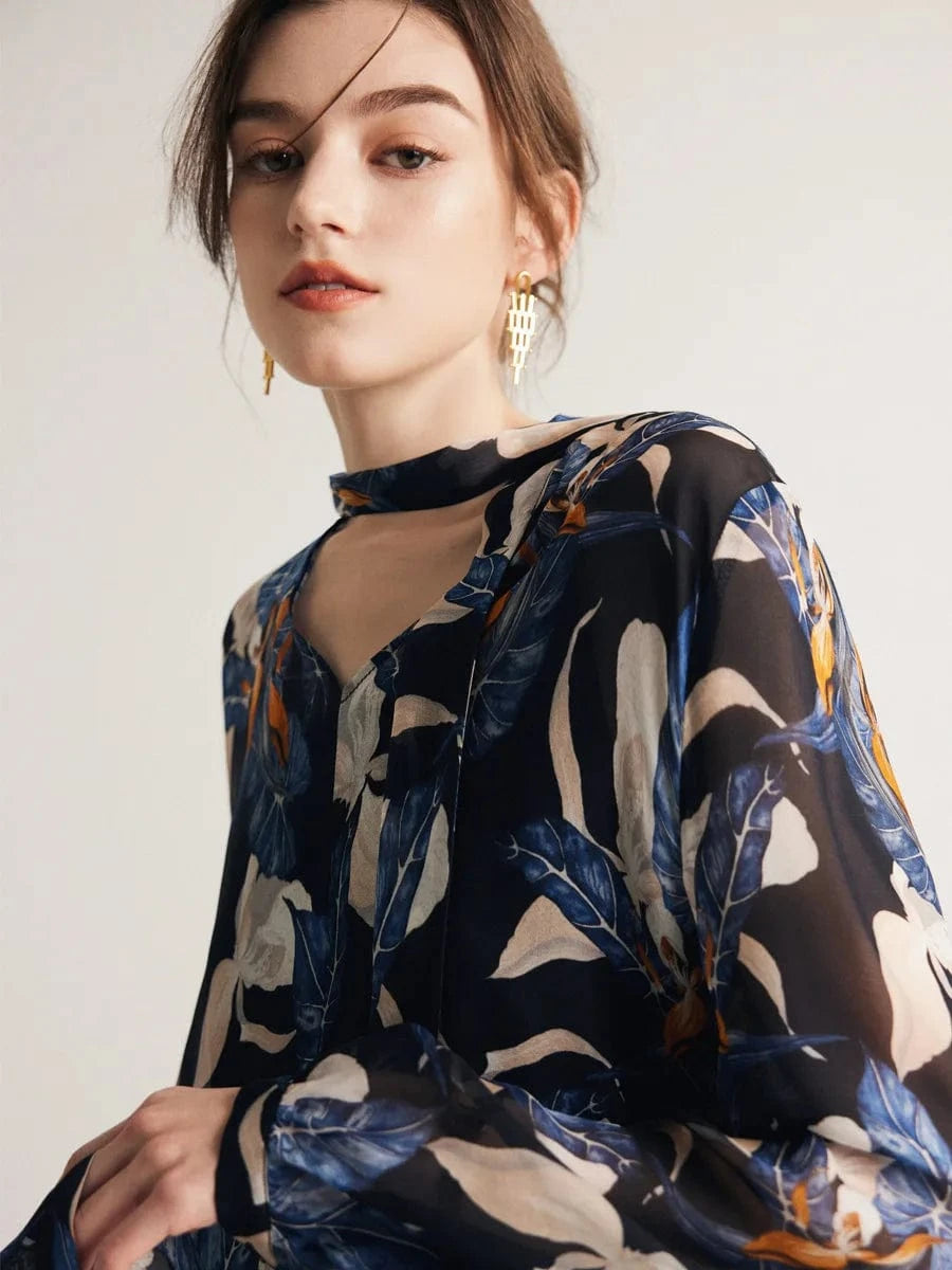 Birdtree Women Printed Blouses 40%Silk 60%Viscose Bow Tie Long Sleeves Transparent Shirts 2024 Spring Autumn Tops T36773QCY