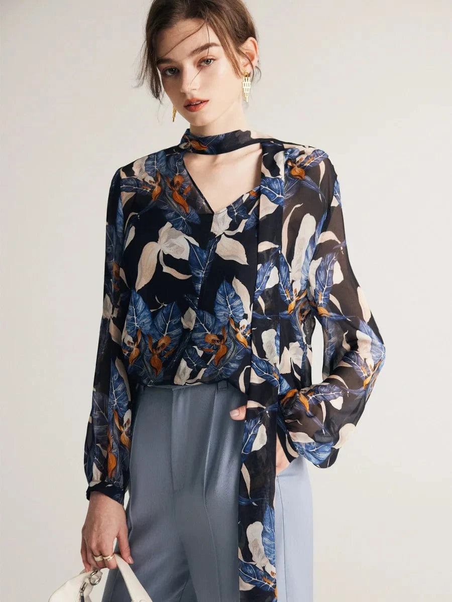 Birdtree Women Printed Blouses 40%Silk 60%Viscose Bow Tie Long Sleeves Transparent Shirts 2024 Spring Autumn Tops T36773QCY