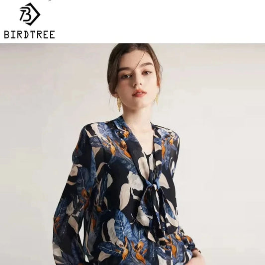 Birdtree Women Printed Blouses 40%Silk 60%Viscose Bow Tie Long Sleeves Transparent Shirts 2024 Spring Autumn Tops T36773QCY
