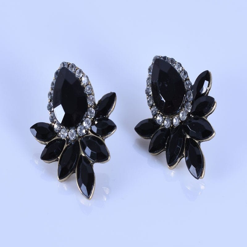 black 00369-10 Fashion Crystal Earrings Rhinestone Black Pink Glass Black Metal Leaf Earrings