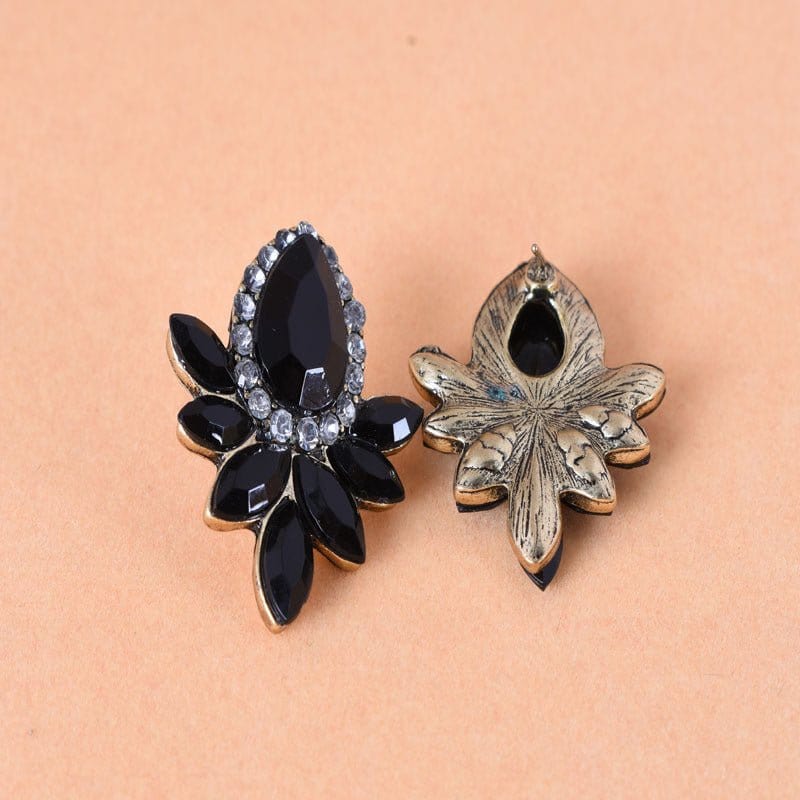 black 00369-10 Fashion Crystal Earrings Rhinestone Black Pink Glass Black Metal Leaf Earrings