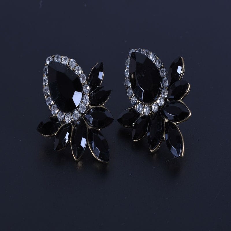 black 00369-10 Fashion Crystal Earrings Rhinestone Black Pink Glass Black Metal Leaf Earrings