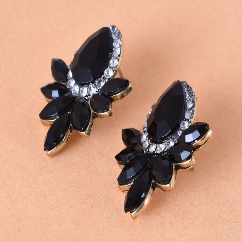 black 00369-10 Fashion Crystal Earrings Rhinestone Black Pink Glass Black Metal Leaf Earrings