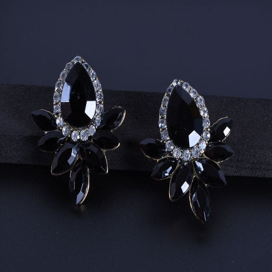 black 00369-10 Fashion Crystal Earrings Rhinestone Black Pink Glass Black Metal Leaf Earrings