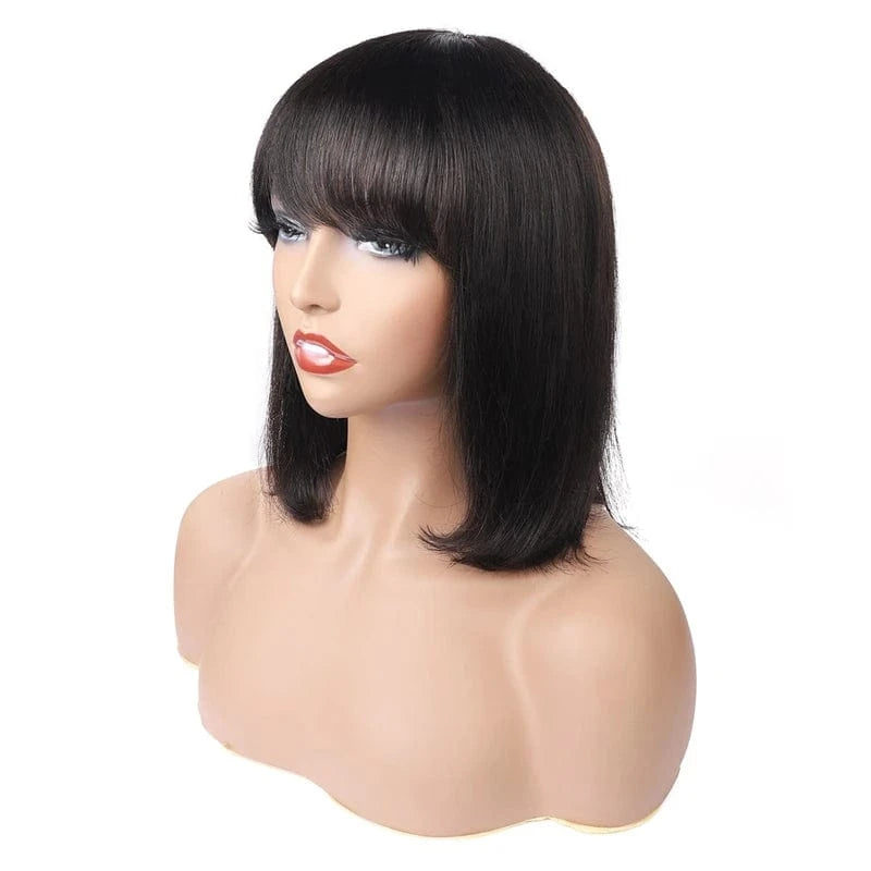 Black / 12 Inches 100% human virgin hair bang wig machine wig with fringe straight bob wig with bang