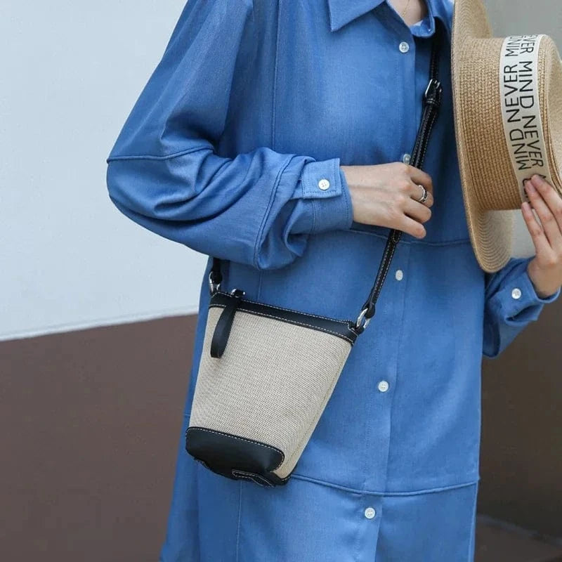 black / 14x9x18cm 2024 Genuine leather Canvas Crossbody Women's Bag Bucket Bag Autumn Winter Ladies Designer Luxury Brand Lightweight Small Bag