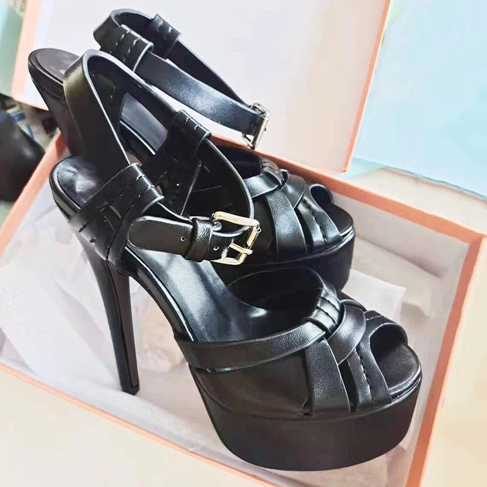 Black 15cm Stilettos Peep Toe Buckle Strap High Heels Sandals For Women Platform Shoes