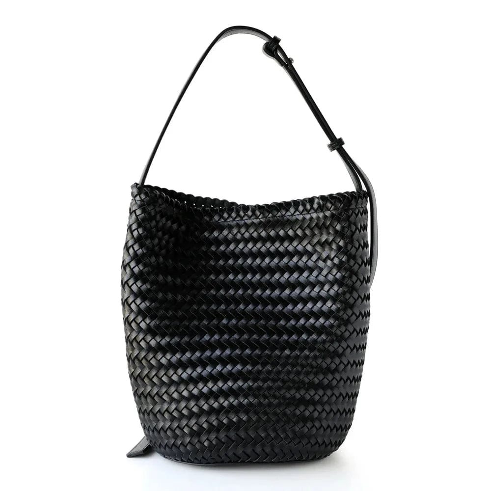 Black / 18*14*26CM Luxury Vintage PU Leather Braided Bucket Bag for Women New High-End Hand-Woven Single-Shoulder Crossbody Bag Foldable Durable