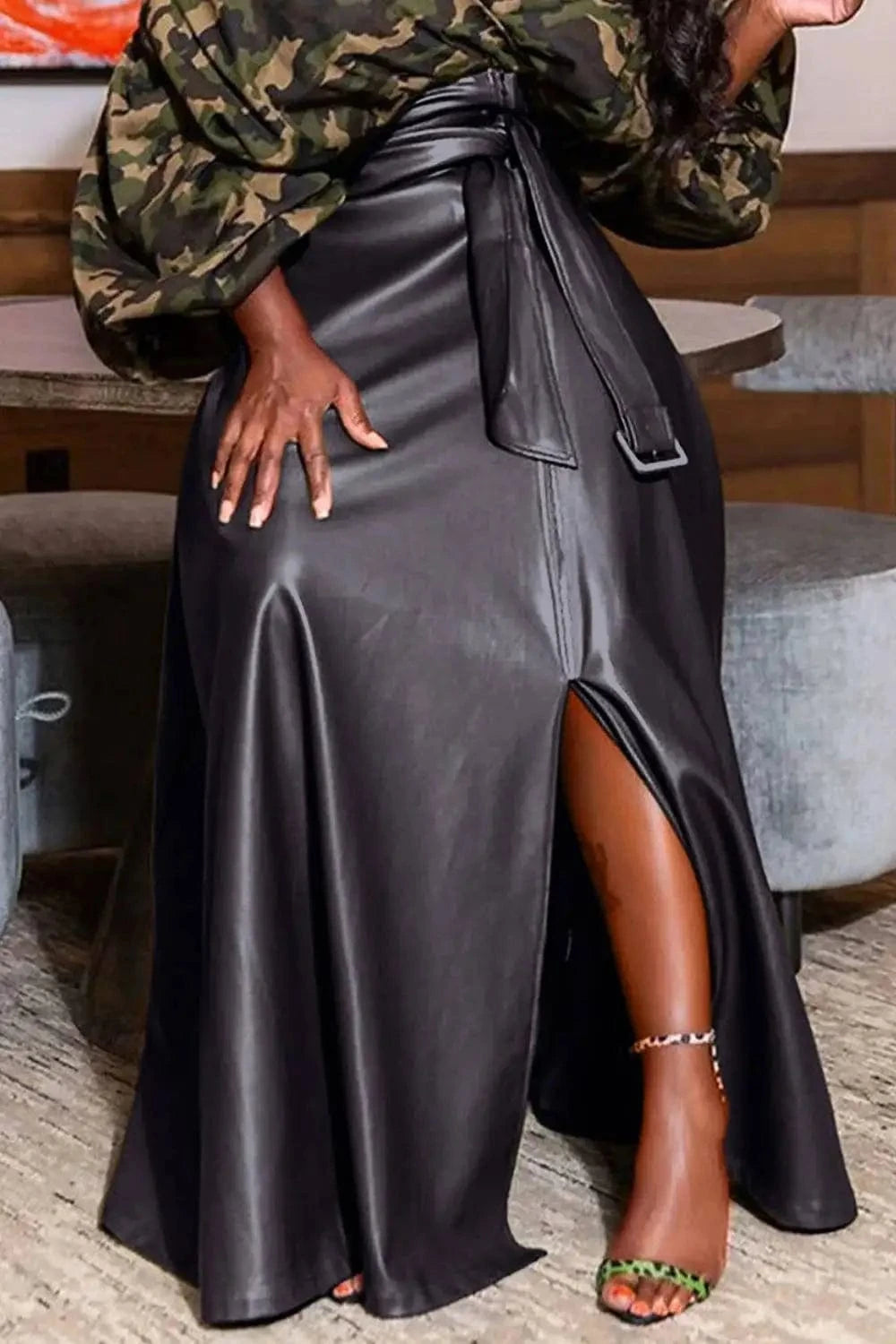 Black / 1XL Plus Size Semi Formal Skirt Brown Casual Fall Winter Long Split PU Leather Skirt