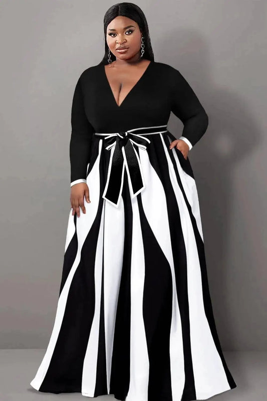 black / 1XL / United States Plus Size Semi Formal Maxi Dresses Casual Black Geometric Fall Winter V Neck Long Sleeve Wrap Knitted Maxi Dresses With Pocket