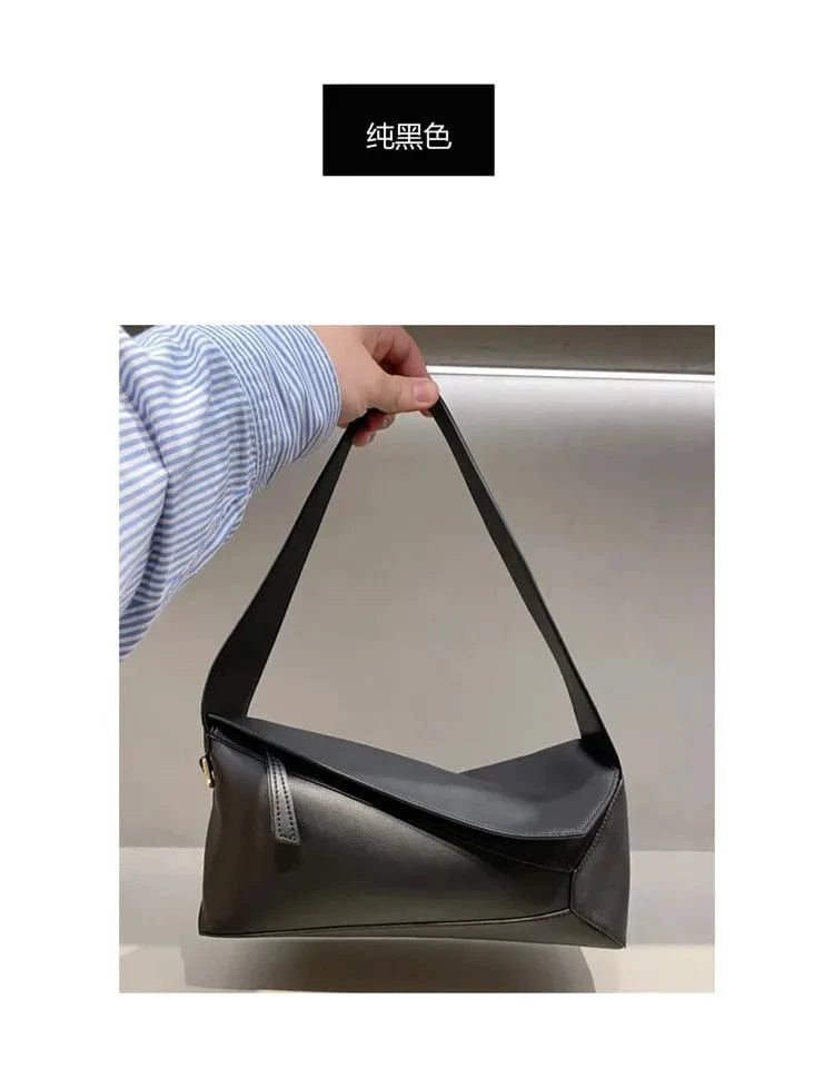 Black 2024 fashionable hobo underarm bag stitching geometric leather female small square bag shoulder women pillow bag