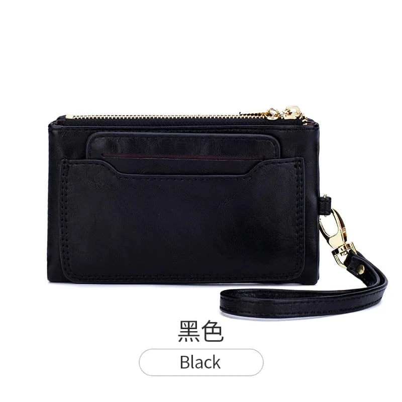 Black 2024 New Women's Wallet Medium Retro Style Zipper Folding Multi Card Large Capacity Handbag Wallet Clip Wrist Strap
