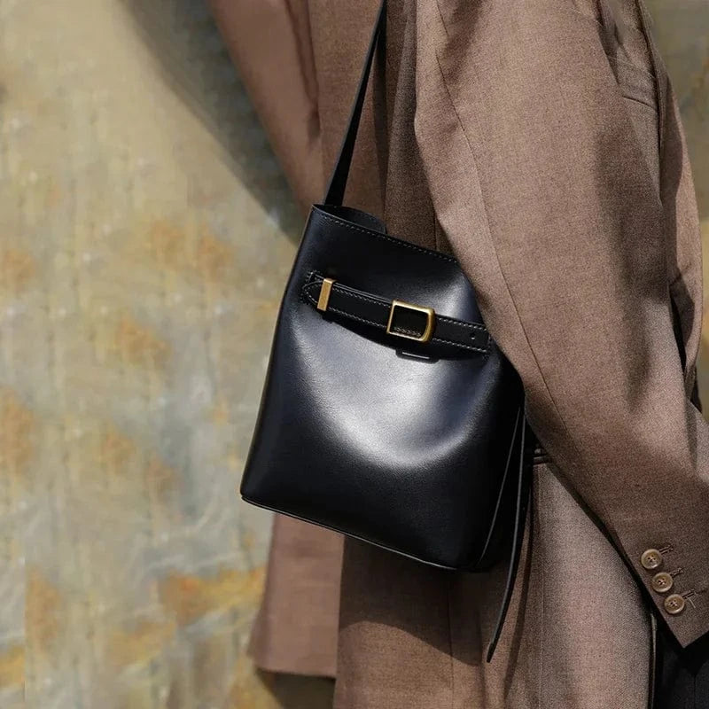 black / 22x8x18cm Cow Split Leather Bucket Bag Women Vintage messenger High Quality Simple Handbag Lady Shoulder Bag Luxury Female Crossbody Bags