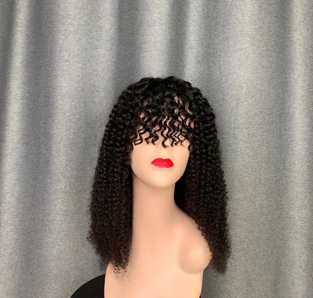 Black / 24 Inches Ross Pretty wholesale cheap price virgin hair fringe wig machine made kinky curly bang human hair wigs