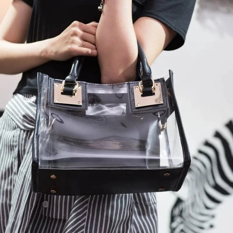 Black 2pcs Women Fashion Shoulder Bag Clear Jelly Clutch Purse Transparent Handbag