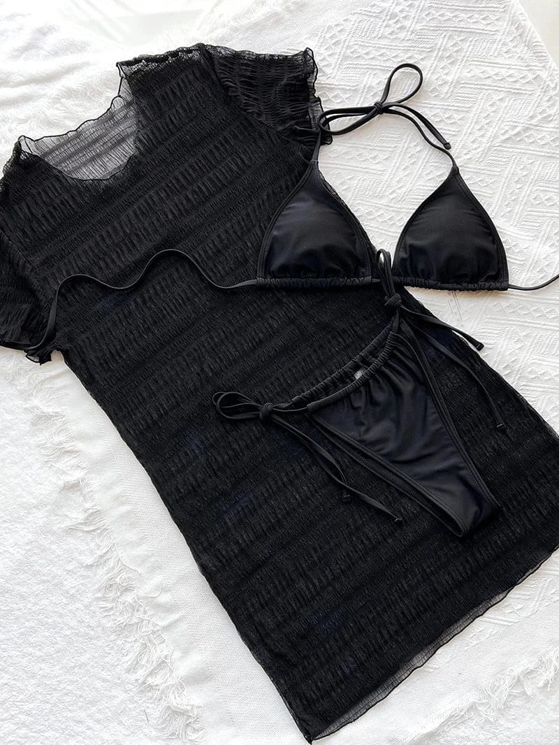 Black 3 Pieces Bikini Women Swimwear 2024 New Sexy Micro Swimsuit with Sleeve Cover-ups Beach Vacation Bathing Suits