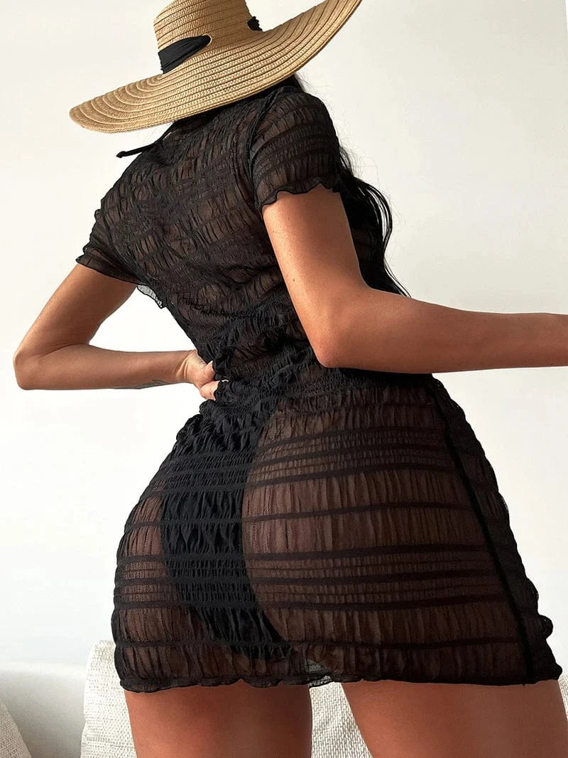 Black 3 Pieces Bikini Women Swimwear 2024 New Sexy Micro Swimsuit with Sleeve Cover-ups Beach Vacation Bathing Suits