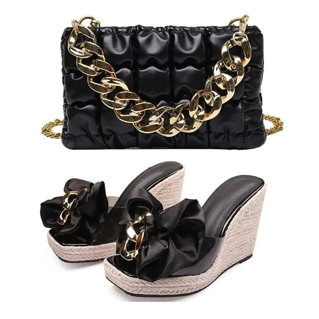 Black / 35 2025 New Style Designer Luxury Ladies Slippers Shoes Bag Set High Quality Women Pumps Chain Sandals Shoes Purse Set