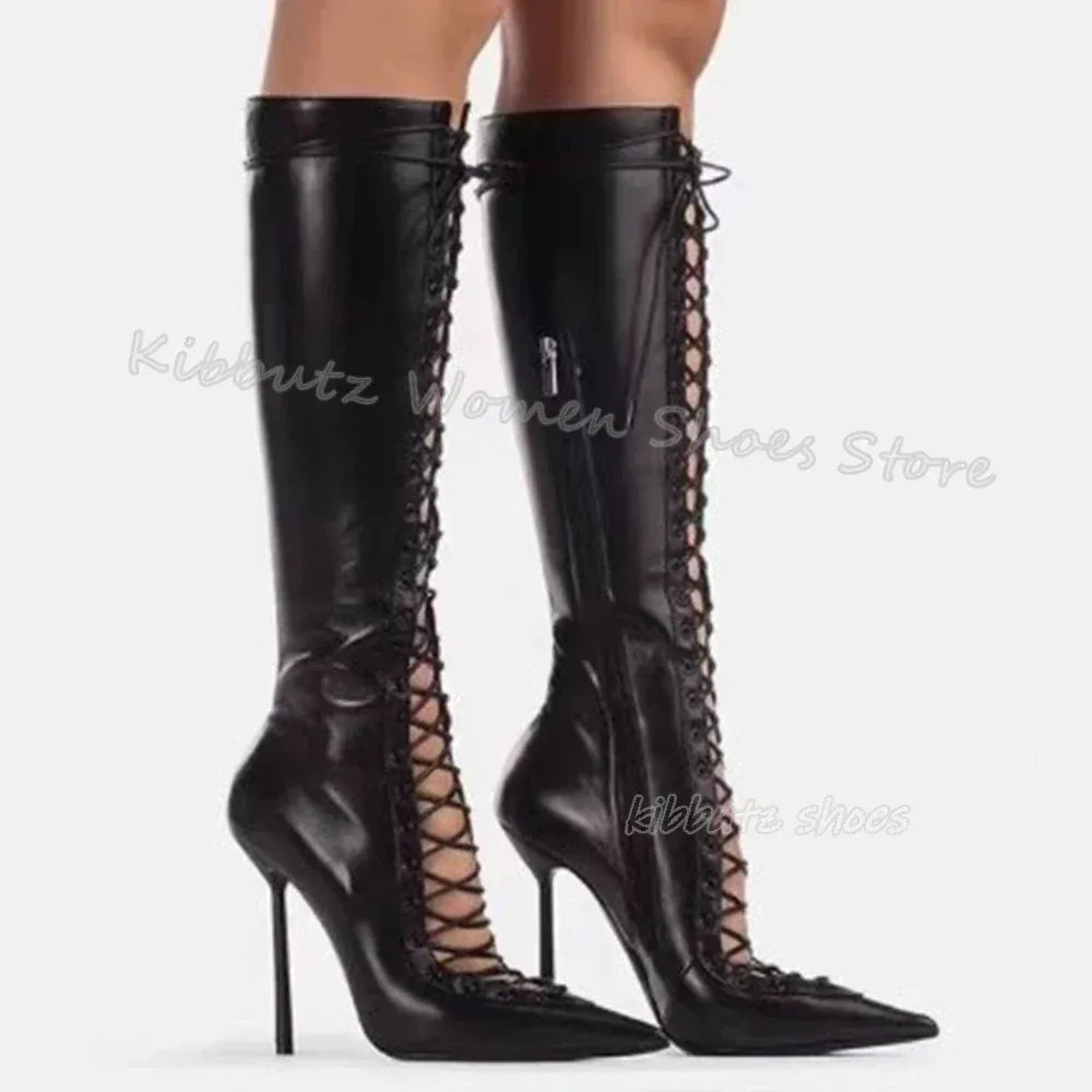 black / 37 / CHINA Lace-Up Hollow Knee High Boots Luxury Leather Solid Color Elegant Concise Fashion Sexy Pointed Toe Metal Thin Heels Women Shoes