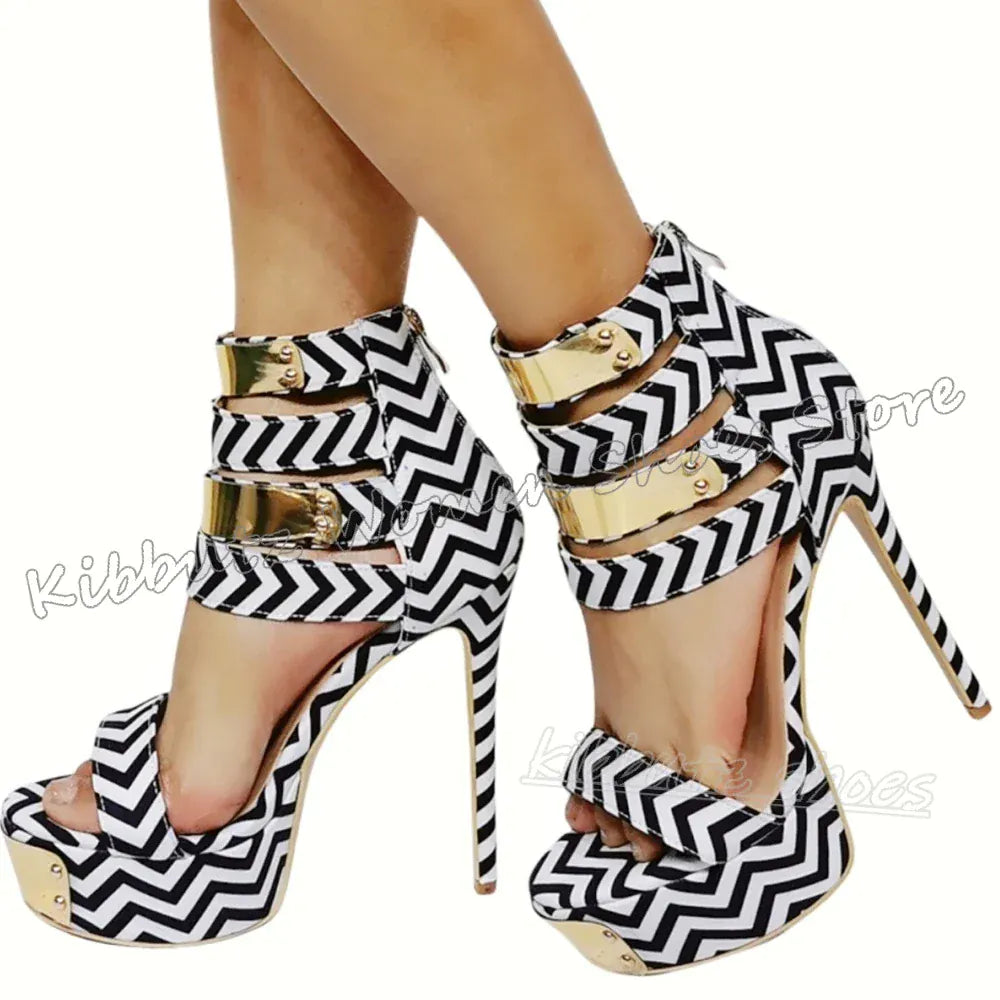 black / 38 Striped Sandals Metal Decor Platform Round Toe Thin High Heels Fashion Luxury Elegant Concise Sexy Party Wedding Women Shoes New