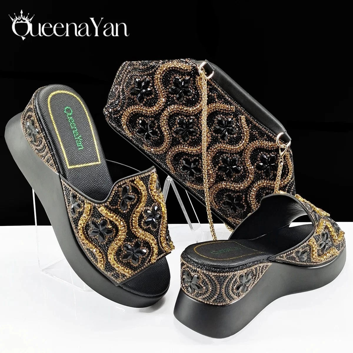 Black / 39 / CHINA Queena Yan High Quality 2025 Newst Hot Selling Open Toe Slingback Sandals with Bag Set in Green Color For Women Wedding Party