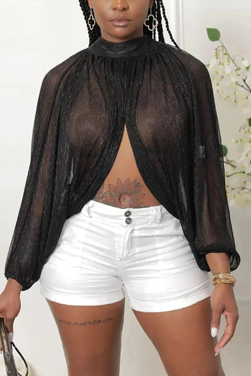 Black / 3XL Plus Size Black Party Lantern Sleeves High Slit Bronzing Cape Blouses