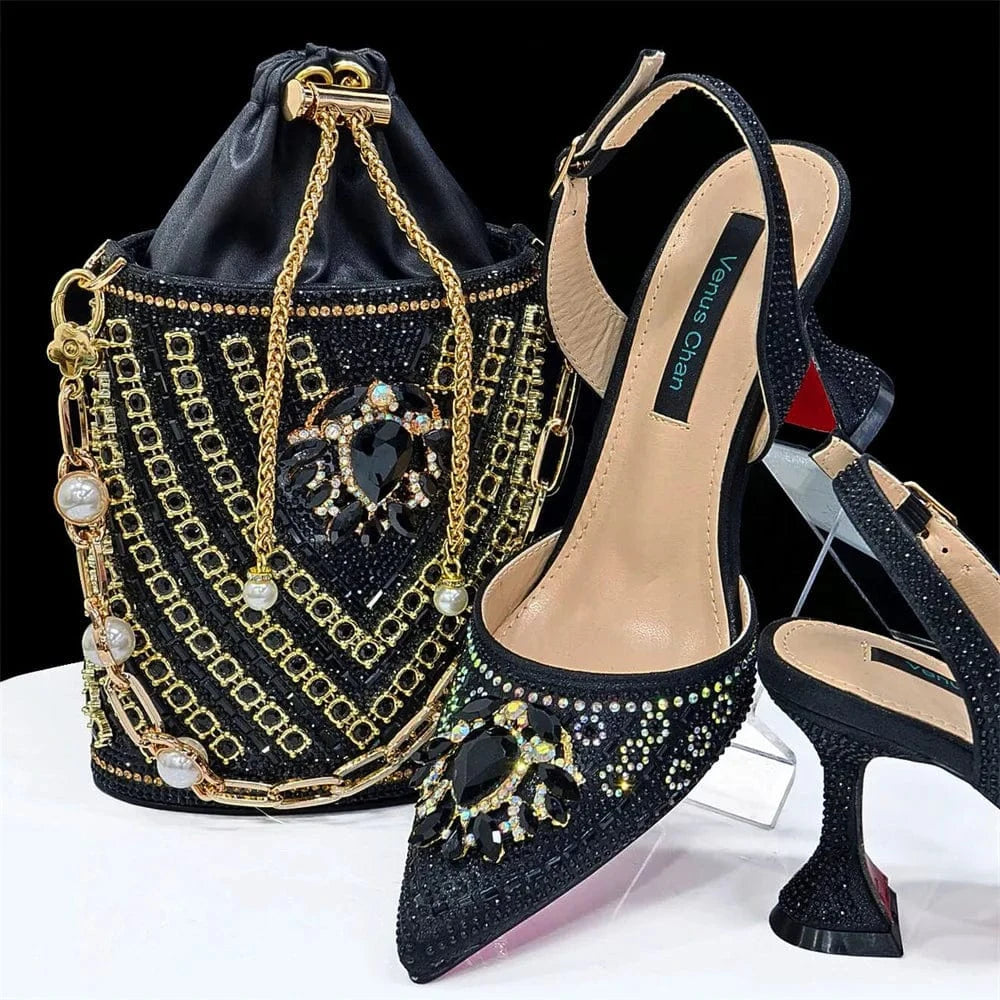 Black / 40 Turkey African Italian Luxury Fashion Party Ladies Shoes Set Women Matching Bag for Women