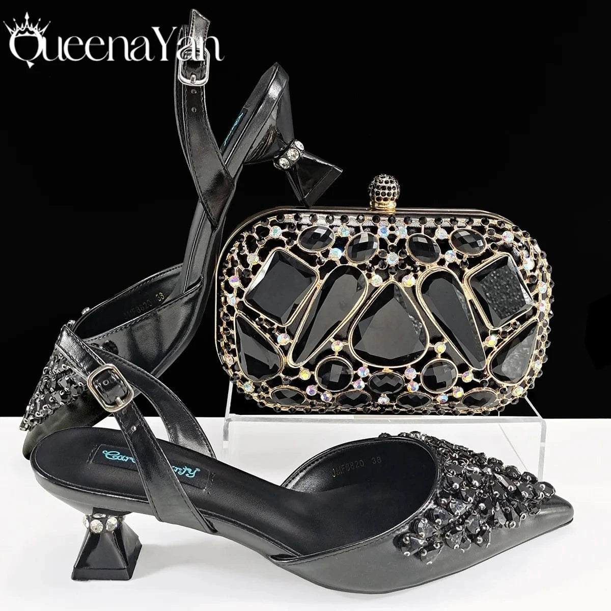 Black / 43 / CHINA Queena Yan Italian shoes and handbags accessory set with rhinestone metal embellishments Wedding shoes Bridal shoes Designer