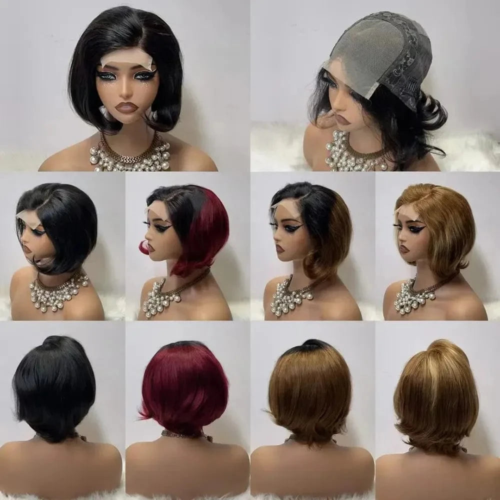 Black / 8 Inches Hot Selling 100% Human Hair Pixie Wig 4*4 Closure Short Cut Straight Style Transparent Lace Front for Black Women