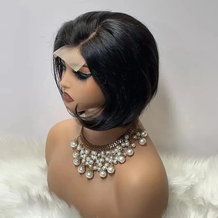 Black / 8 Inches Hot Selling 100% Human Hair Pixie Wig 4*4 Closure Short Cut Straight Style Transparent Lace Front for Black Women