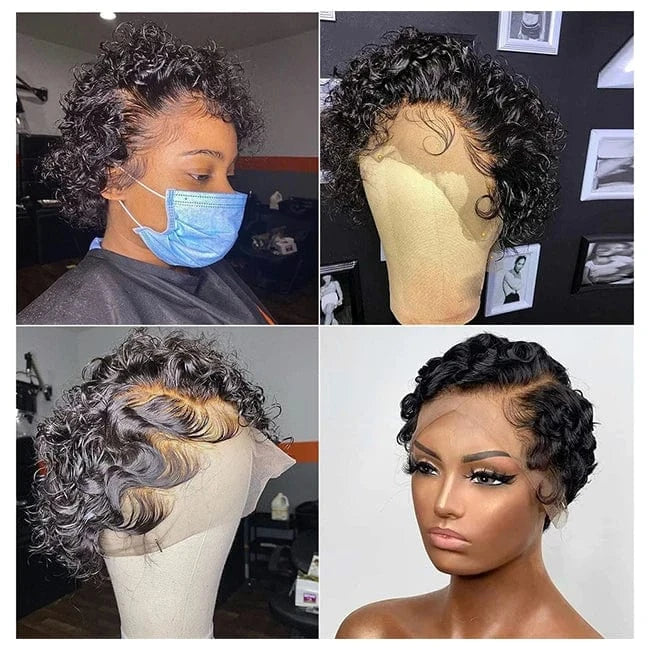 Black / 8 Inches Perruque Pixie Cut Wig Human Hair Coupe Courte Natural Color Curly Wave Bleached Knots 13x4 Lace Frontal Wig with Baby Hair