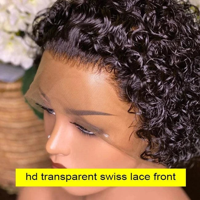 Black / 8 Inches Perruque Pixie Cut Wig Human Hair Coupe Courte Natural Color Curly Wave Bleached Knots 13x4 Lace Frontal Wig with Baby Hair
