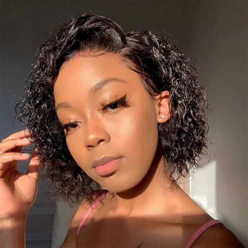 Black / 8 Inches Perruque Pixie Cut Wig Human Hair Coupe Courte Natural Color Curly Wave Bleached Knots 13x4 Lace Frontal Wig with Baby Hair